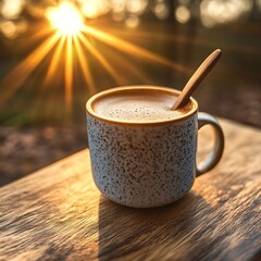 Coffee cup at dawn: A ceramic mug of steaming coffee, nestled serenely on a wooden surface with a spoon, captures the essence of a tranquil morning as sunlight streams through trees.