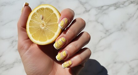 Elegant citrus-themed nail art with a vibrant lemon against marble backdrop