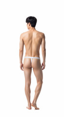 Fototapeta premium Athletic man modeling white thong underwear, showcasing a toned physique from the back on a white background. Ideal for fashion, fitness, and men's underwear promotions with a clean, bold look