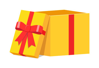 Open Yellow Gift Box with Red Ribbon and Bow Isolated on White Background Celebration Present