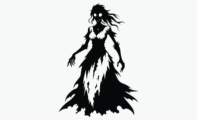 Zombie bride silhouette, torn dress and messy hair, spooky horror figure, black and white vector, on white background