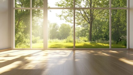 Empty room with large windows overlooking lush greenery