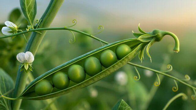 A vibrant green pea pod bursts open revealing plump peas on a lush plant showcasing the beauty of nature and agriculture's bounty