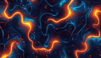 Abstract swirling patterns of vibrant orange and teal lines on a dark background
