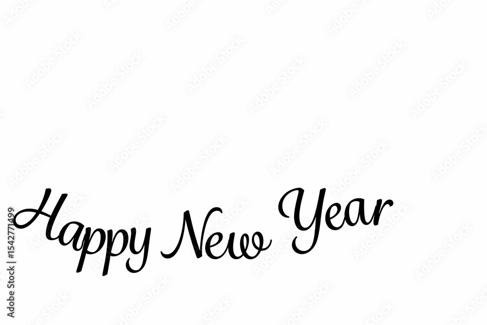 Poster featuring black cursive happy new year text arcing across minimal flat design white canvas