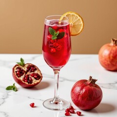 Refreshing pomegranate and lemon cocktail served in a tall glass with mint garnish on a white marble surface with whole pomegranates and a beige background