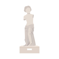 Ancient Greek Statue of a Woman on a Pedestal with Arm Missing, Draped in Classical Garments