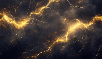 Golden lightning streaks through dark, stormy clouds
