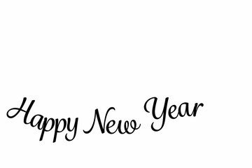 Featuring black cursive Happy New Year text arcing across minimal flat design white canvas