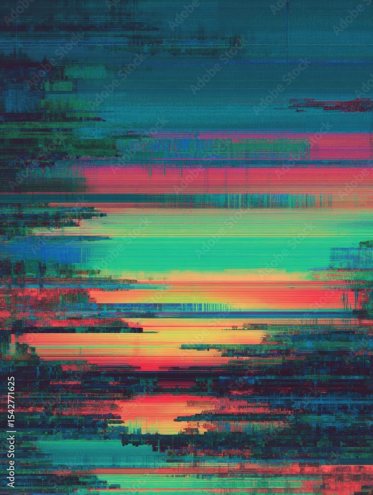 Poster Digital Decay Effect Creates a Glitch-Like Smear Across a Vibrant Canvas in an Abstract Representation of a Sunset