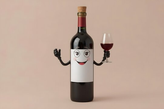 Cartoon wine bottle with glass