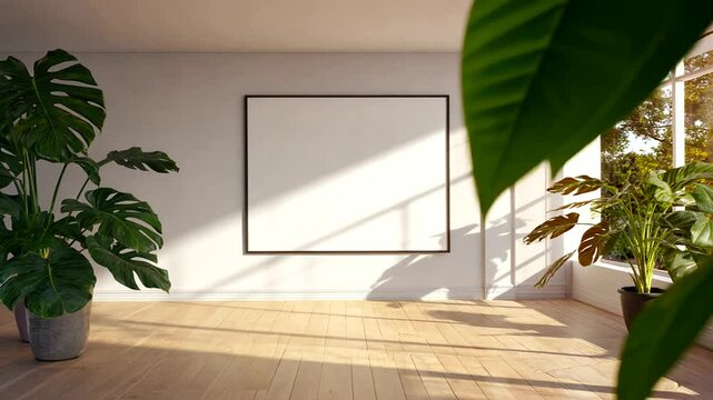 Bright and airy interior of a modern living room featuring large plants and an empty frame