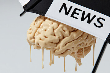 Info noise, State of Mind, Ads, TV's news concept. A melting brain under umbrella. 