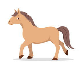 Cartoon Horse walking gracefully with brown mane and tail in illustration style