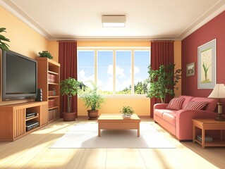 Fototapeta premium Bright and Cozy Living Room with Plants and Modern Furniture Design