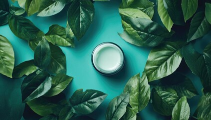 Light-colored jar of cream surrounded by vibrant green leaves on a teal background