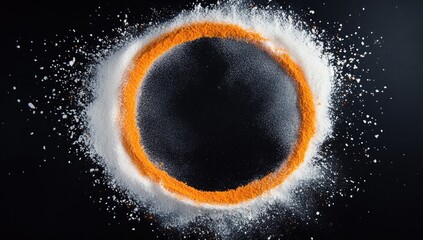 Orange ring framed by white powder explosion on black background