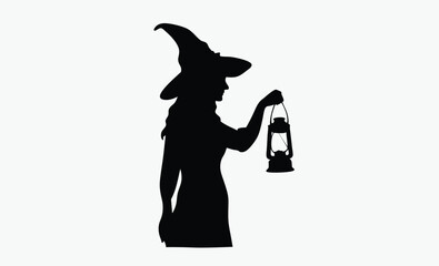 Witch holding lantern, spooky silhouette figure, Halloween night theme, black and white vector, on white background
