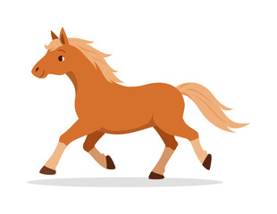 Cartoon illustration of a brown horse running isolated on white background, vector design