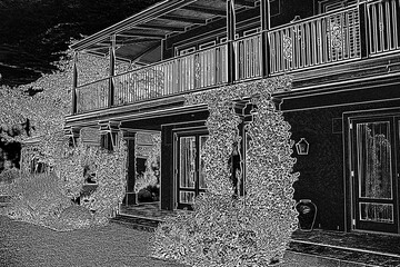 Pretty house with balcony and with a black and white filter
