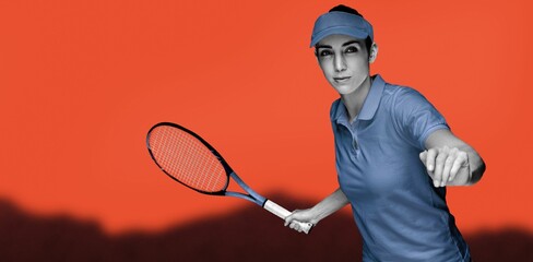 Digital composite image of tennis player against orange sky