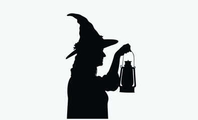 Witch holding lantern, spooky silhouette figure, Halloween night theme, black and white vector, on white background
