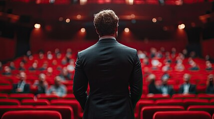 Businessman Speaks to Audience in Theater