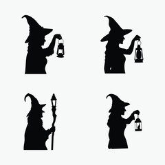 Witch holding lantern, spooky silhouette figure, Halloween night theme, black and white vector, on white background