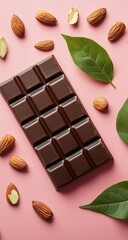Dark chocolate bar surrounded by almonds and leaves on a pink background
