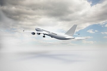 Flat design commercial jet with four engines is climbing through clouds with extended landing gear © vectorfusionart