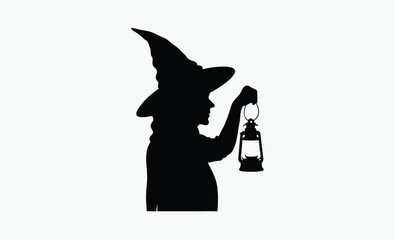 Witch holding lantern, spooky silhouette figure, Halloween night theme, black and white vector, on white background