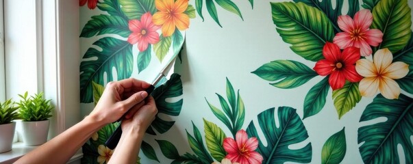 Hands carefully applying vibrant tropical wallpaper to a wall , paradise, vibrant, renovation