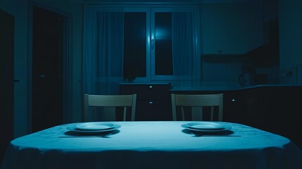 Lonely modern kitchen with two distant dinner plates on an empty table, cold muted tones and subtle atmosphere of absence, emotional minimalist dining room concept

