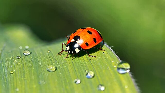 Close-up of a vibrant ladybug perched on a green leaf with dew drops glistening in sunlight