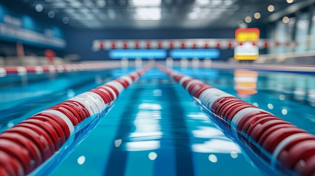 Empty professional swimming competition pool with starting blocks, clear lane dividers, and digital timing scoreboard silhouette in background for sports training or tournament concepts

