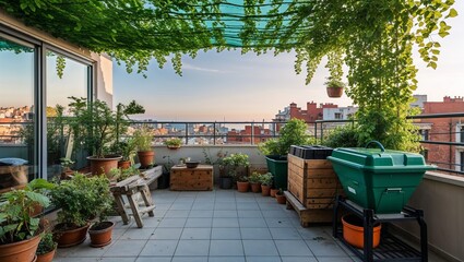 Fototapeta premium A rooftop garden with various potted plants and a trellis overlooking a city skyline at sunset