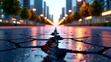 Self-repairing road in futuristic cityscape