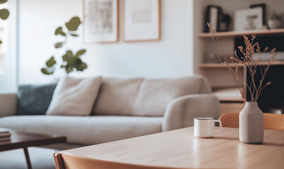 Cozy log - style living room, with a laptop and green plants on the table, soft sofa throw pillows, suitable for home and life - themed materials