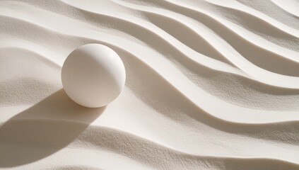 A single white egg rests on a bed of rippled white sand