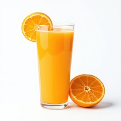 realistic photograph of a complete glass of orange juice with pulp, isolated on white background