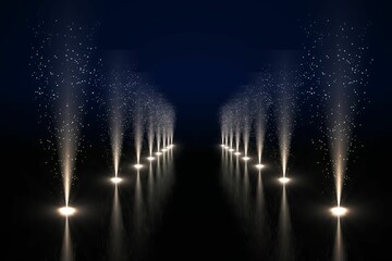 Showing rows of floor lights casting beams and drifting sparkles over shiny floor in flat design