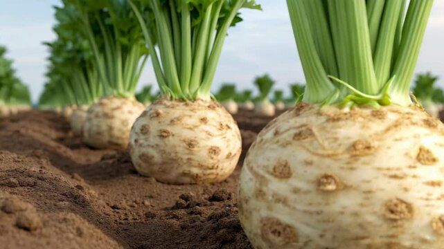 Fresh Celery Root Harvest in a Lush Agricultural Field showcasing vibrant green stalks and earthy soil textures
