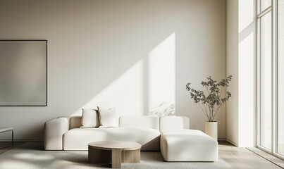 Living room with light - white walls, sunlight through large windows, featuring a simple sofa, log small table, and empty picture frame, suitable for home and soft - decoration themed materials