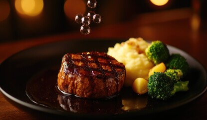 Gourmet steak dinner with mashed potatoes and vegetables. Bubbles falling on a perfectly cooked steak