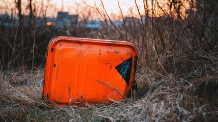 Bright Orange Recycling Bin Lying on Grass Near Urban Area at Sunset