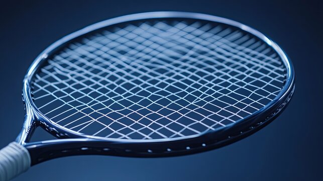 Close-up view of modern badminton racket with detailed carbon fiber frame, taut string bed, and wrapped grip handle, showcasing precision sports equipment and sleek metallic finish

