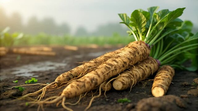 Freshly Harvested Salsify Roots in a Lush Field at Sunrise Offering a Vibrant Agricultural Scene of Organic Farming and Healthy Produce