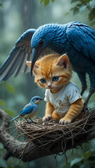 An adorable ginger kitten with blue eyes, wearing a t-shirt, is nestled safely between a large protective blue bird and a small companion bird in a nest on a tree branch.