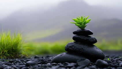 Zen garden with a small plant on a stack of dark stones