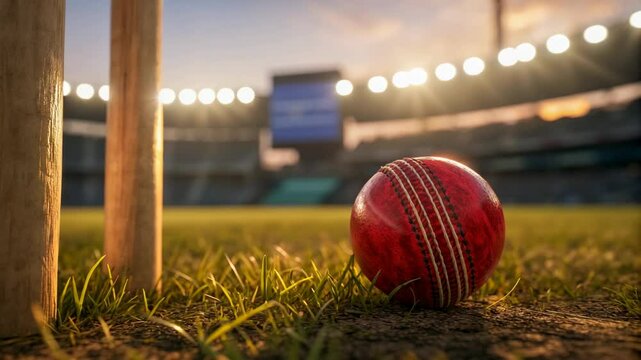 Cricket stadium at sunset featuring a red leather ball resting near the wickets ready for a thrilling match showcasing the essence of this exciting sport.